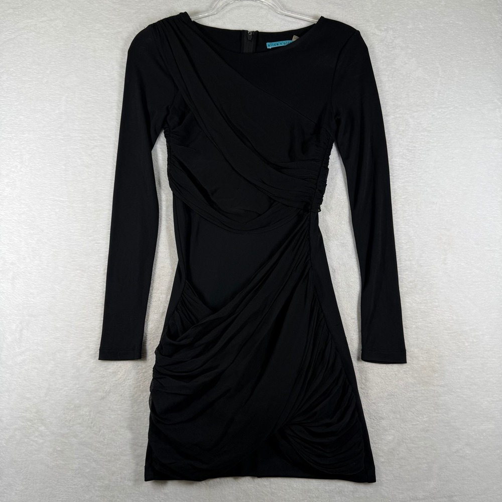 Alice + Olivia Black Ruched Draped Long Sleeve Mini Dress Womens 0